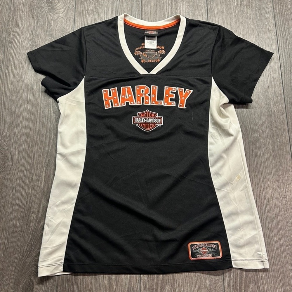 Harley-Davidson Womens V-Neck Jersey Shirt Rhinestone Logo Black White XL y2k
